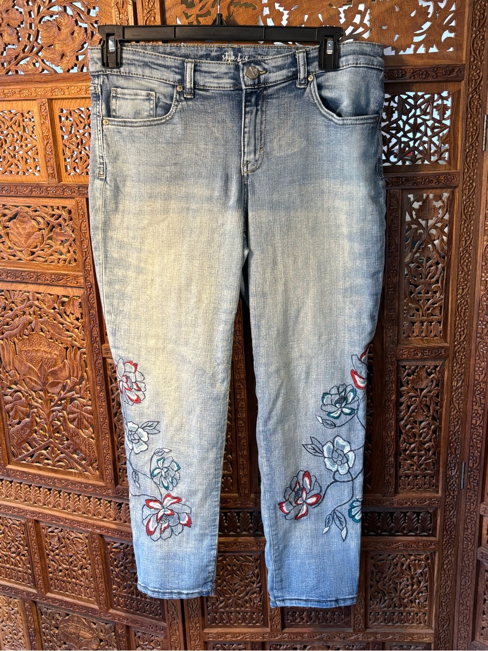 Style & Co. Light Blue Boyfriend Jeans with Red and Teal Floral Embroidery